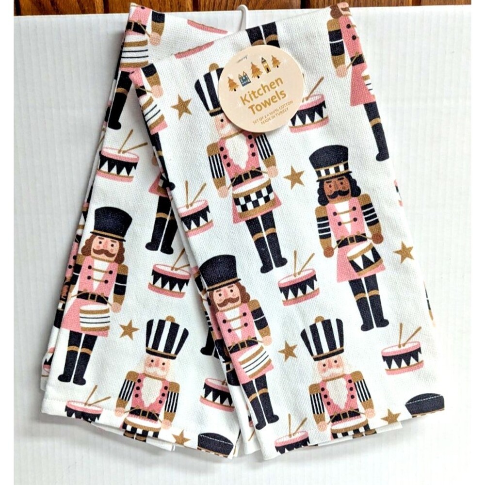 Christmas Nutcracker and Drummer Boy Kitchen Towels 2-pc Pink Brown White Gift